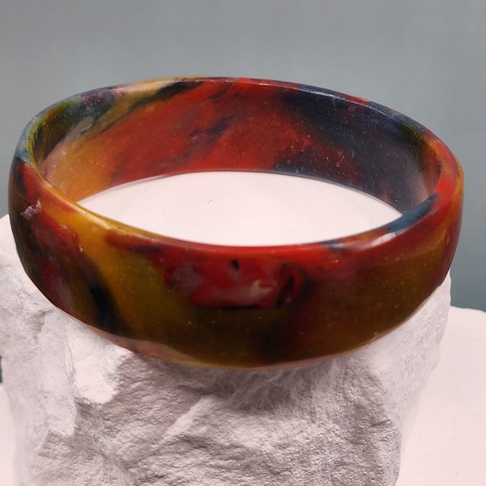 Multicolor Swirl Resin Wide Bangle Bracelet Red Amber Navy Chunky Statement